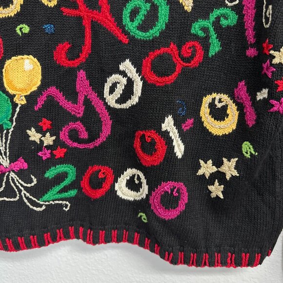 Vtg Y2k Happy New Year 2000 Cardigan Sweater Medium Ugly Xmas Knit Womens - Picture 3 of 6